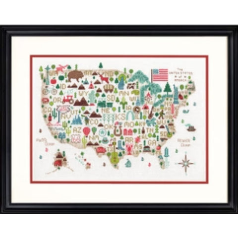 Illustrated USA Cross Stitch Kit, Multicolor Wall Decor, Dimensions, 35.5 x 25.4 cm, Beginner-Friendly