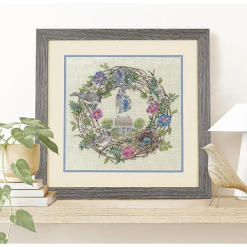 Dimensions Cross Stitch Kit, Cottage Wreath Design, Floral Embroidery Pattern for Beginners and Experienced Crafters, Home Decor