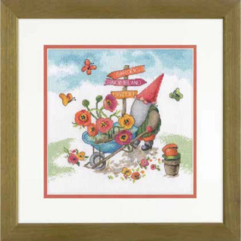 Cross Stitch Kit with Garden Gnome Design, 25 x 25 cm, Colorful Wall Decor, Beginner-Friendly Craft Set