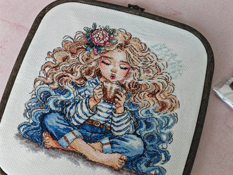Quiet Afternoon Cross Stitch Kit, AVA Stitch, Aida 16 Fabric, 50 Colors, Luca-S and DMC Threads, 18.57 x 19.05 cm Design