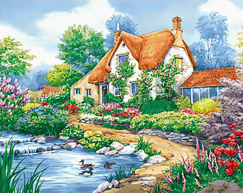 Diamond painting kit Duck Pond Cottage WD2404 - Hobby.lt 🇬🇧