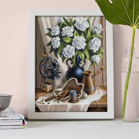 Diamond Painting Kit White Roses and Coffee AZ - 1657 30_40cm - Hobby.lt 🇬🇧