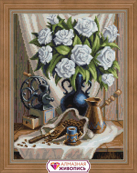 Diamond Painting Kit White Roses and Coffee AZ - 1657 30_40cm - Hobby.lt 🇬🇧