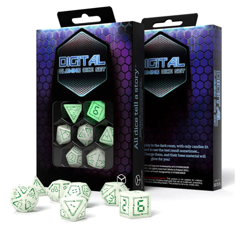 Digital Glowing Dice Set milky glow in the dark and green - Hobby.lt 🇬🇧