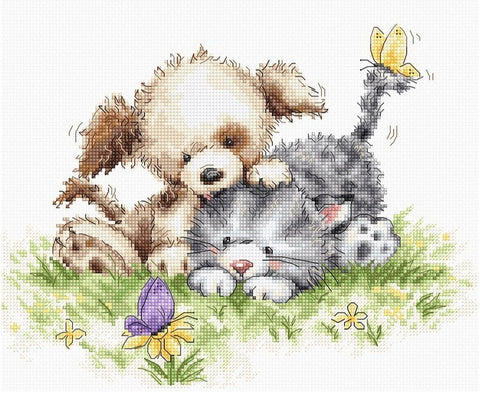 Dog and Cat with Butterfly SB1185 - Cross Stitch Kit - Hobby.lt 🇬🇧