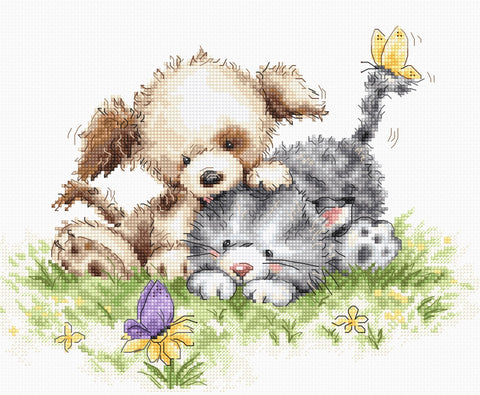 Dog and Cat with Butterfly SB1185 - Cross Stitch Kit - Hobby.lt 🇬🇧