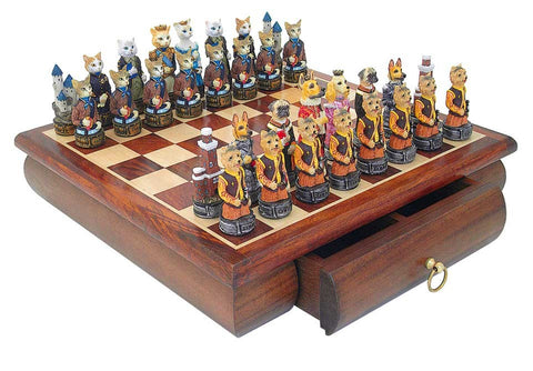 DOGS vs CATS: Handpainted Chess with Rare Wooden Chessboard & Box