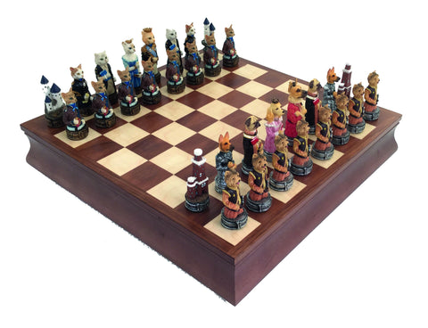 DOGS vs CATS: Unique Handpainted Chess with Quality Walnut Chessboard & Box