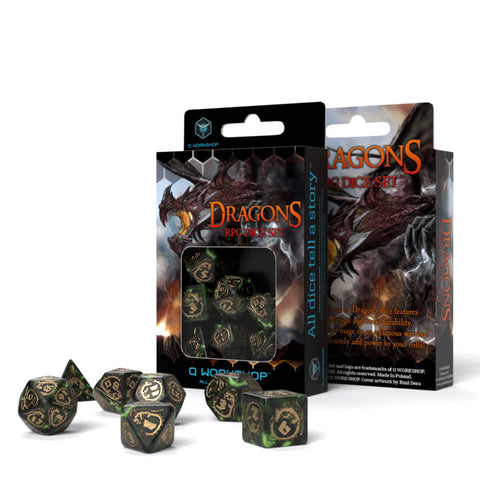 Dragons RPG Dice Set bottle green and gold Q workshop