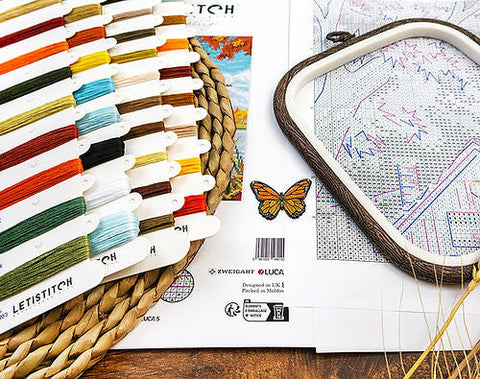 Cross Stitch Embroidery Kit Early Autumn, 21 x 26 cm, LetiStitch, Zweigart Aida 16ct, 100% Cotton Threads