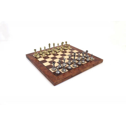 Metal Chess Pieces with Beautiful Elm Wood Chess Board. Matt Finish.