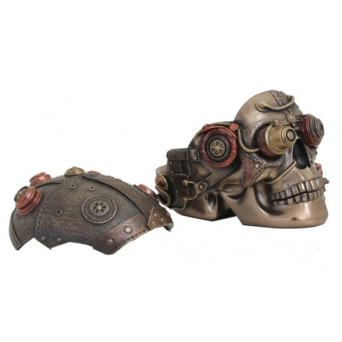 Steampunk Skull Trinket Box with Goggles – Bronze Resin Statue 15x10x11cm