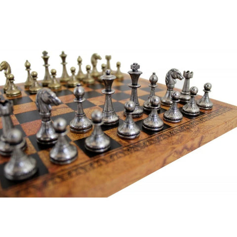 Solid Metal Chess Pieces with Leather-like Chessboard in Antique Globe Finish