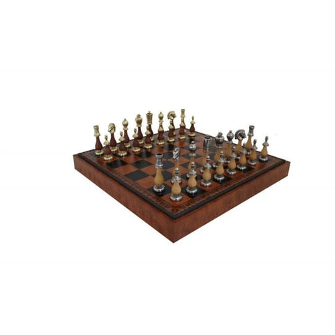 ARABIC STYLE Metal & Wood Chess Pieces with Brown/Black Leatherette Chessboard