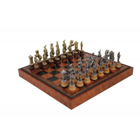 ARABIC STYLE: Metal & Wood Chess Pieces with Brown Leatherette Chessboard
