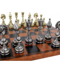 Beautiful Metal Chess Set with Brown/Black Leatherette Chessboard