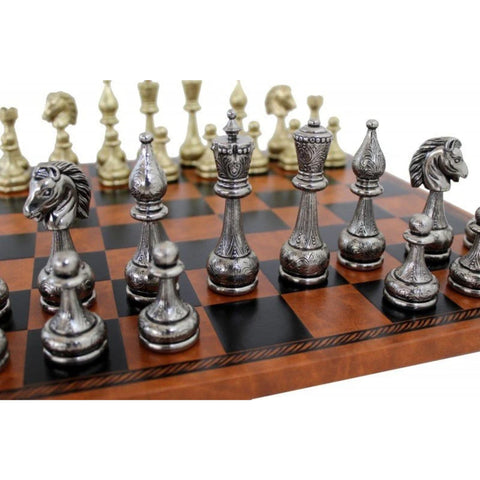 Beautiful Metal Chess Set with Brown/Black Leatherette Chessboard