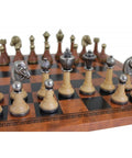 CLASSIC Metal & Wood Chess Set with Brown/Black Leatherette Chessboard