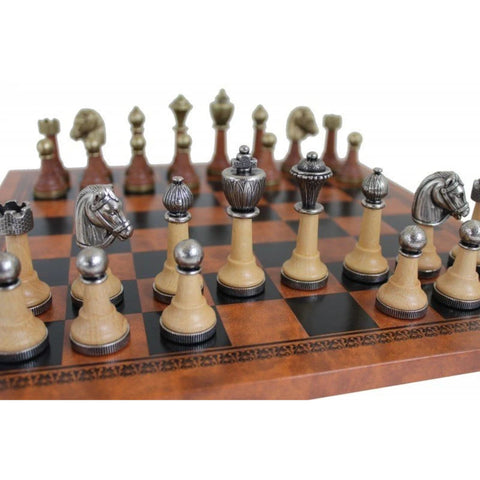 CLASSIC Metal & Wood Chess Set with Brown/Black Leatherette Chessboard