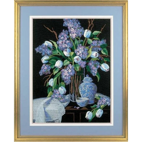 Counted Cross Stitch Kit with Lilacs and Lace Motif, Dimensions Embroidery Kit with Aida Fabric, Threads, Needle and Instructions