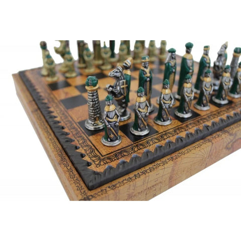 Solid Metal Handpainted Chess Pieces with Beautiful Leather-like Chessboard