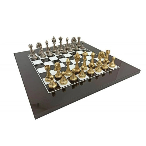 Beautiful Metal Chess Set with Lacquered Wooden Chess Board