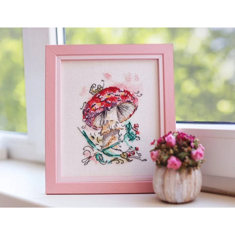 Cross Stitch Embroidery Kit with Fly Agaric Mushroom Design, Murano 32 Count, 27 Colors, 14.5 x 10.6 cm, Zolotoe Runo