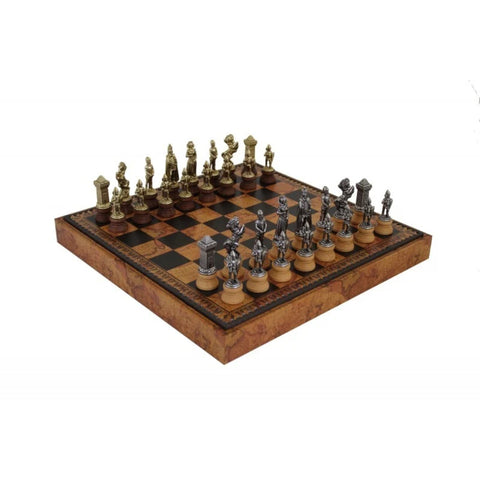 MARY STUART SET: Metal/Wood Chess Pieces with Leatherette Chessboard