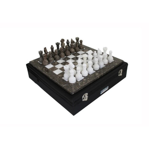 Luxury Handmade Gray & White Marble Chess Set with Leather Case, 30cm, Italian