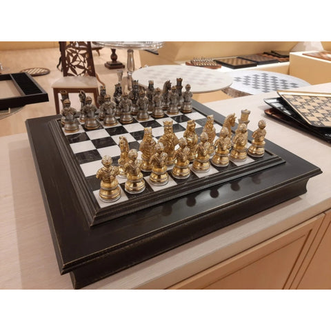 Luxurious Chess Pieces from Solid Pewter and Wooden Chessboard with Marble Top
