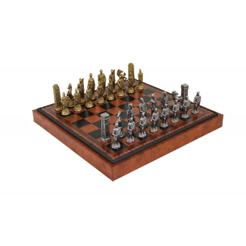 Romans vs Barbarians Chess Set: Metal pieces with Leatherette Chessboard