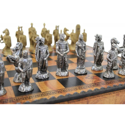 ROMANS VS BARBARIANS: Metal Chess Set with Beautiful Leatherette Chessboard