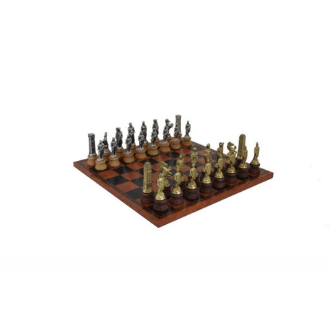 ROMANS VS BARBARIANS: Metal Chess Set with Black/Brown Leatherette Chessboard