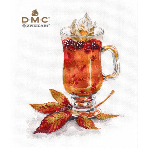 Sea Buckthorn Drink Cross Stitch Kit, DMC Threads, Zweigart 16 ct Canvas, 17 × 22 cm, 21 Colors, Oven
