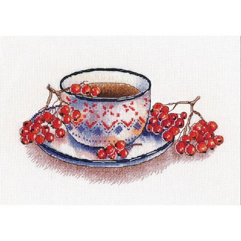 Cross Stitch Embroidery Kit, Rowan Berry Tea Autumn Motif, Oven, Canvas, Cotton Floss, Needle, Chart and Instructions