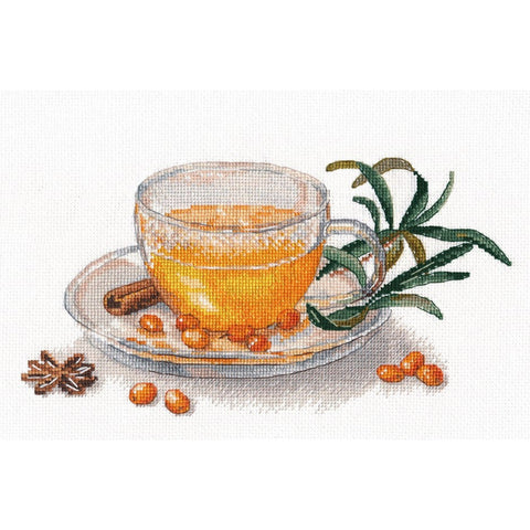 Cross Stitch Embroidery Kit, Sea Buckthorn Tea Design, Cotton Threads, Fabric, Needle, Pattern and Instructions by Oven