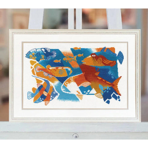 Cross Stitch Embroidery Kit with Blue and Red Sea Motif, Aida Canvas, Cotton Threads, Needle and Pattern by Oven