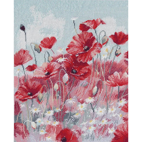 Cross Stitch Embroidery Kit, Poppy Field Design, Red and Green, Cotton Threads, Fabric, Needle and Pattern by Oven