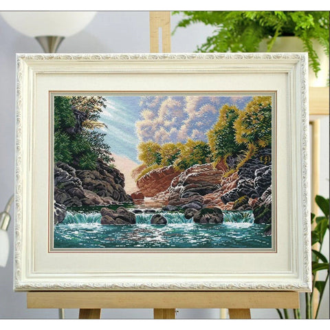 Cross Stitch Embroidery Kit, Morning in Guamo Gorge Mountain Landscape, Multicolor Oven Kit with Cotton Threads and Pattern