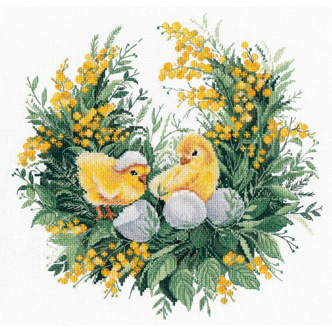 Cross Stitch Kit Spring Story, 16 Count Zweigart Aida, 26×26 cm, 20 Colors, Threads, Pattern and Needle, Oven