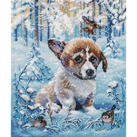 Cross Stitch Kit with Winter Puppy Design, 20 × 22 cm, 18 Count Zweigart Canvas, 26 Colors, Oven Needlework Kit