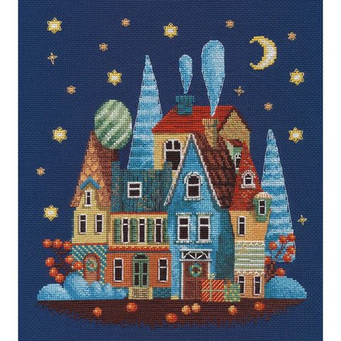 Cross Stitch Kit, Frosty Evening Winter Night Design, 18 Count Zweigart Aida, 20 Colors, 20×22 cm, Oven Brand