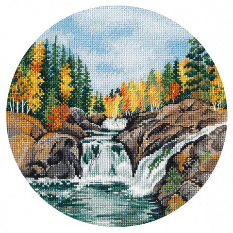 Waterfall Cross Stitch Kit, Oven, 20×20 cm, 16 Count Aida, 23 Colors, Beginner-Friendly Embroidery Project