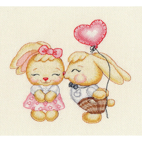 Cross Stitch Embroidery Kit with Romantic Bunnies, 16 ct Aida, 13 Colors, 16 × 14 Design, Oven