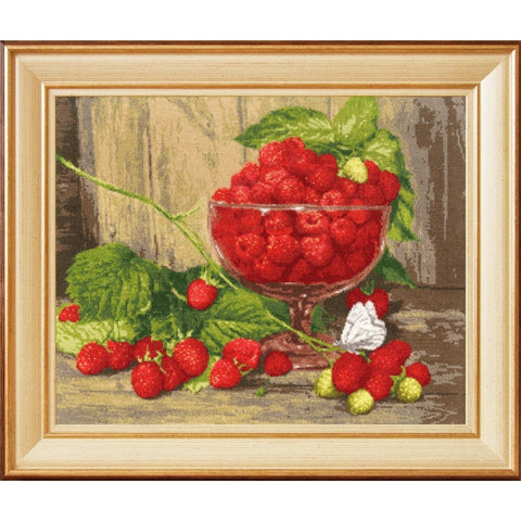 Cross Stitch Embroidery Kit with Raspberry Motif, Zolotoe Runo, White Aida Fabric, Cotton Floss, Needle and Chart
