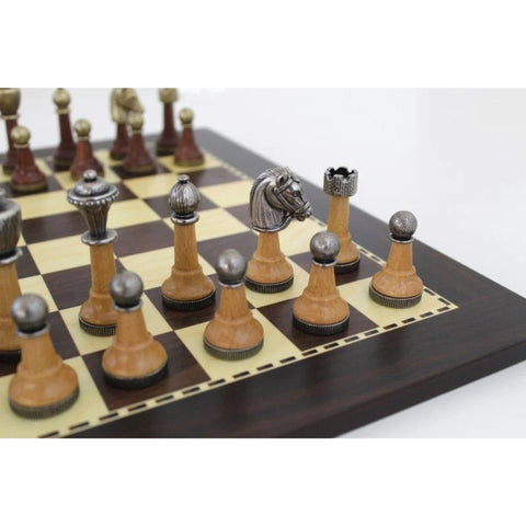 Beautiful Wood & Metal Chess Pieces with Chessboard made from Solid Wood