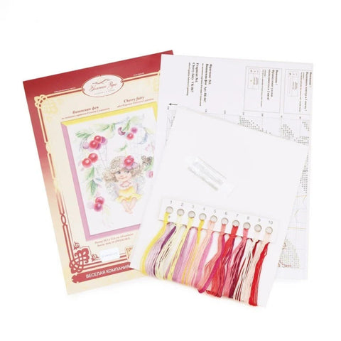 Cross Stitch Embroidery Kit with Cherry Fairy Design, Pattern, Fabric, Threads, Needle & Instructions | Zolotoe Runo