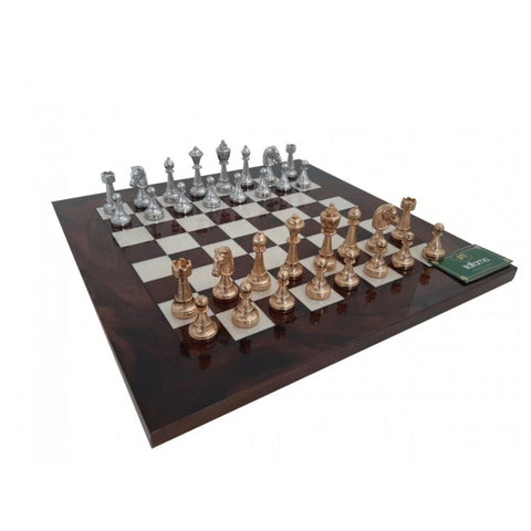 REAL Gold & Silver Plated Metal Chess Pieces with Chess Board made From Walnut