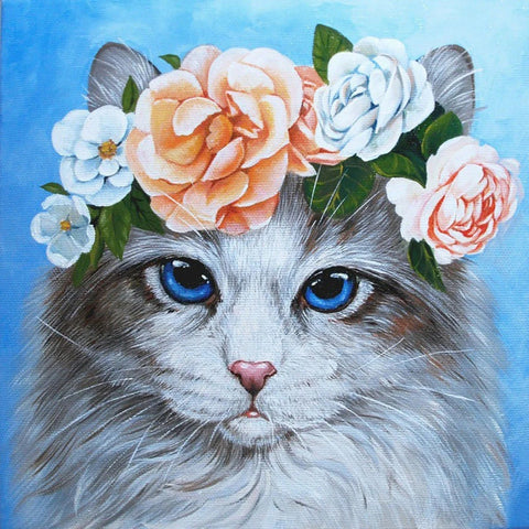 Diamond painting kit Blue-Eyed Cat in Flowers 38x38 WD2464