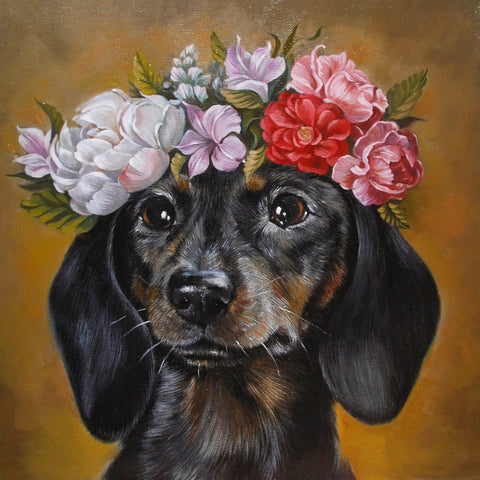 Diamond painting kit Dachshund in Flowers WD2465